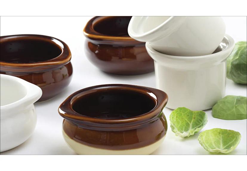 Onion Soup Crock 10 OZ China Brown Beige Round Fully Vitrified Oven Safe Dishwasher Safe Microwave Oven Safe 12/Case