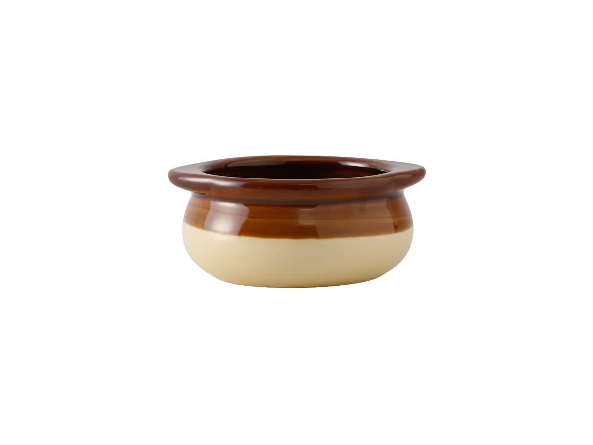 Onion Soup Crock 12 OZ China Brown Beige Round Fully Vitrified Oven Safe Dishwasher Safe Microwave Oven Safe 12/Case