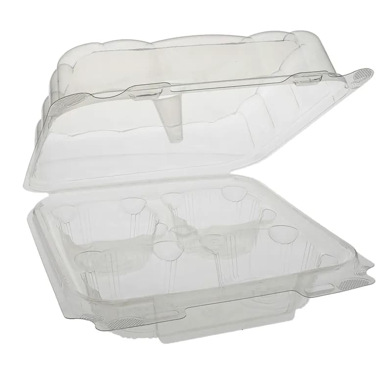 Cupcake Hinged Container With Dome Lid 8.6X8.6X3.22 IN 4 Compartment PET Clear Square 120/Case