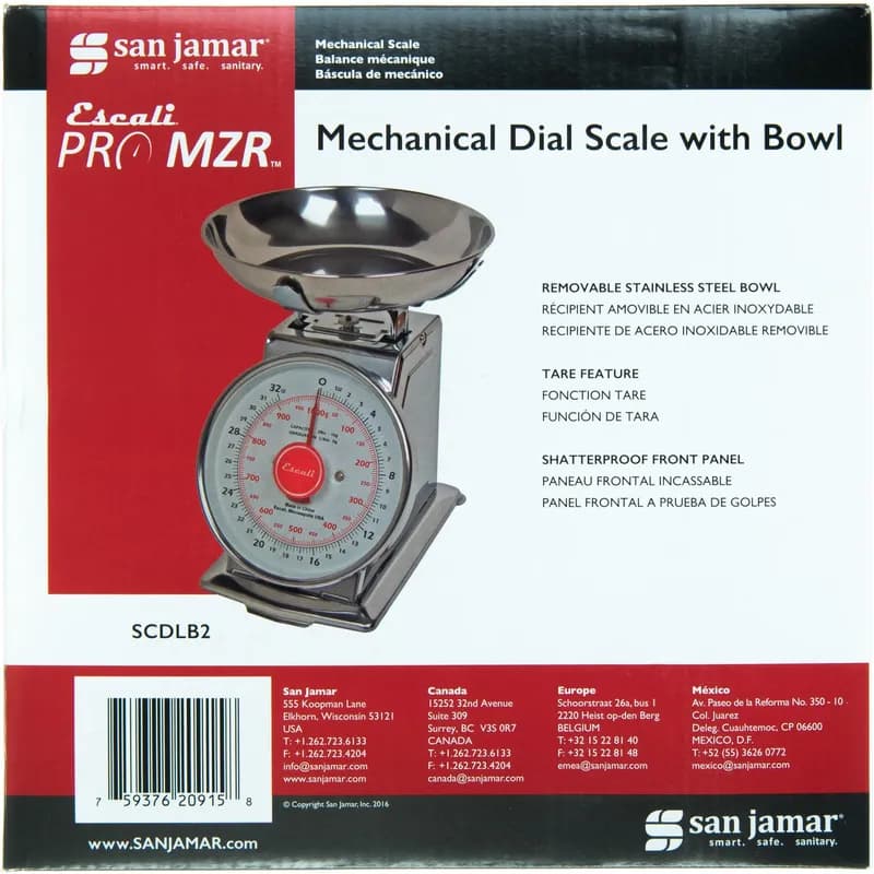San Jamar Dial Scale With Bowl 8X9X9 IN 2 LB LB/OZ/GR Tare Feature 1/Each
