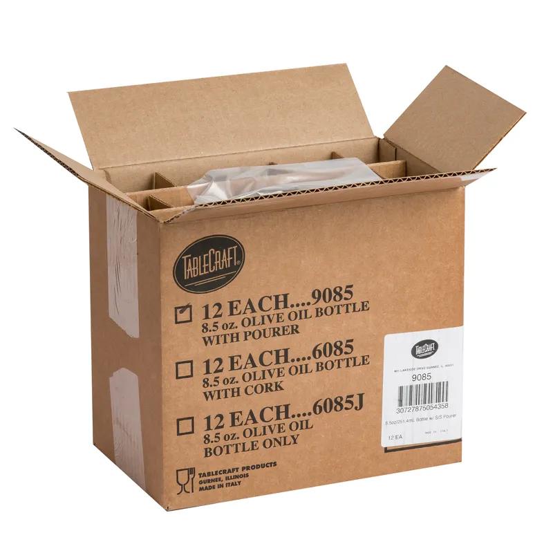 Oil & Vinegar Bottle & Lid Combo 8.5 OZ Glass Translucent Green Pour Spout 1/Each