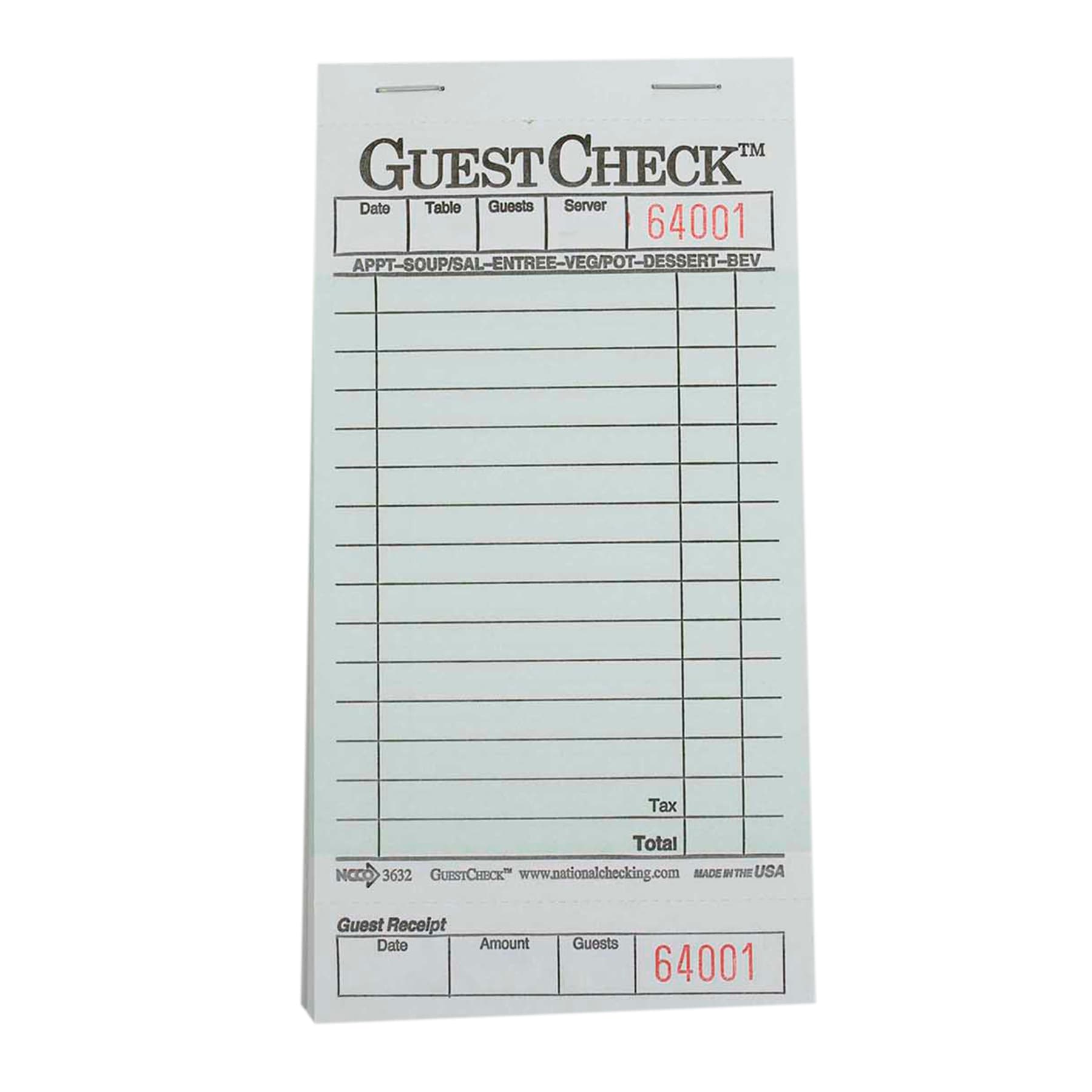 Guest Check Board Medium (MED) Paper Cardboard Green 1-Part 2500/Case