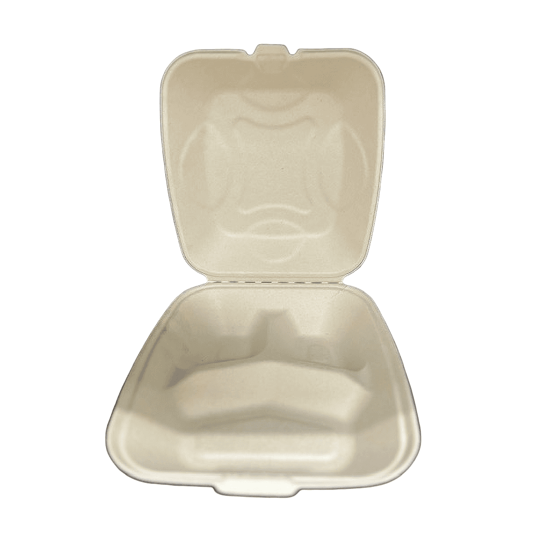 Victoria Bay Take-Out Container Hinged 8X8 IN 3 Compartment Sugarcane Kraft Square 200/Case