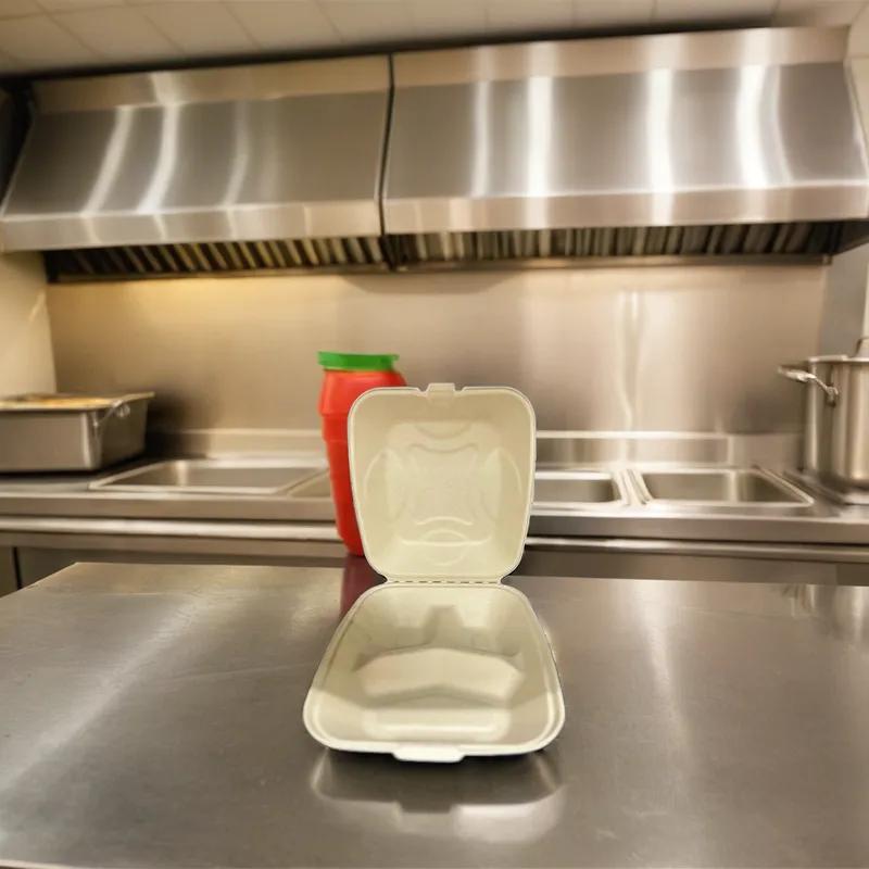 Victoria Bay Take-Out Container Hinged 8X8 IN 3 Compartment Sugarcane Kraft Square 200/Case