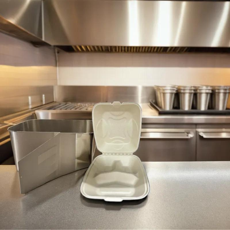 Victoria Bay Take-Out Container Hinged 8X8 IN 3 Compartment Sugarcane Kraft Square 200/Case