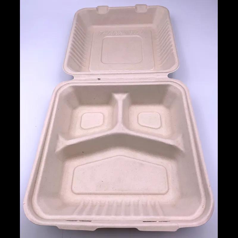 Victoria Bay Take-Out Container Hinged 9X9 IN 3 Compartment Sugarcane Kraft Square 200/Case