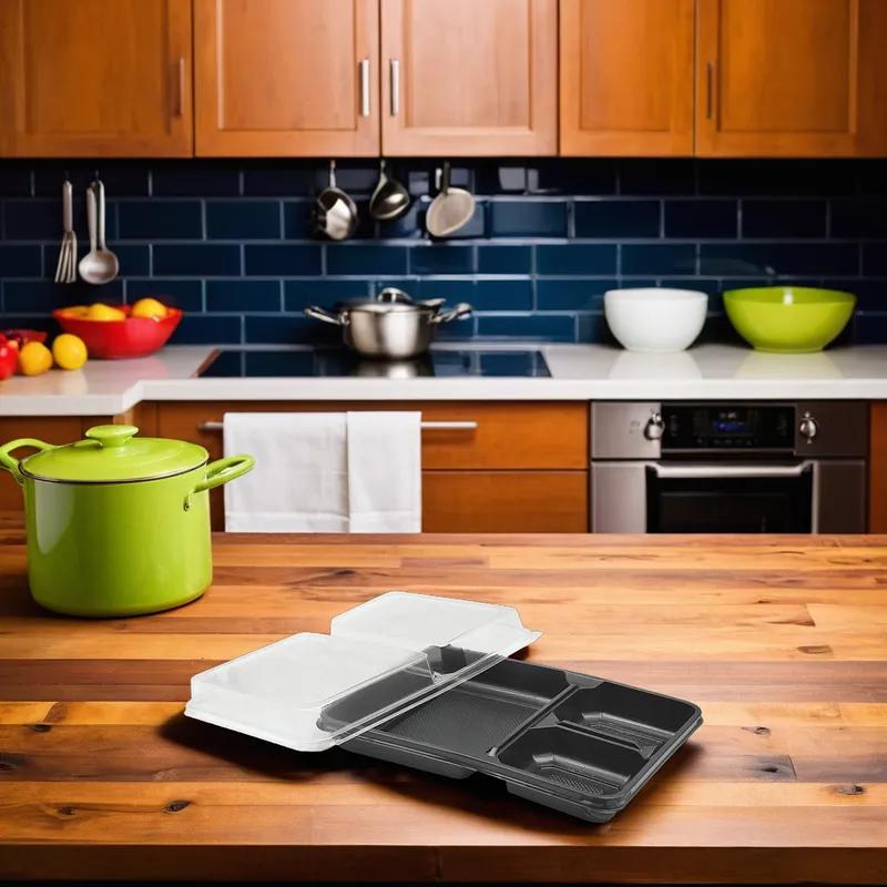 Victoria Bay Deli Container Base & Lid Combo 3 Compartment PET Black Clear Rectangle 100/Case