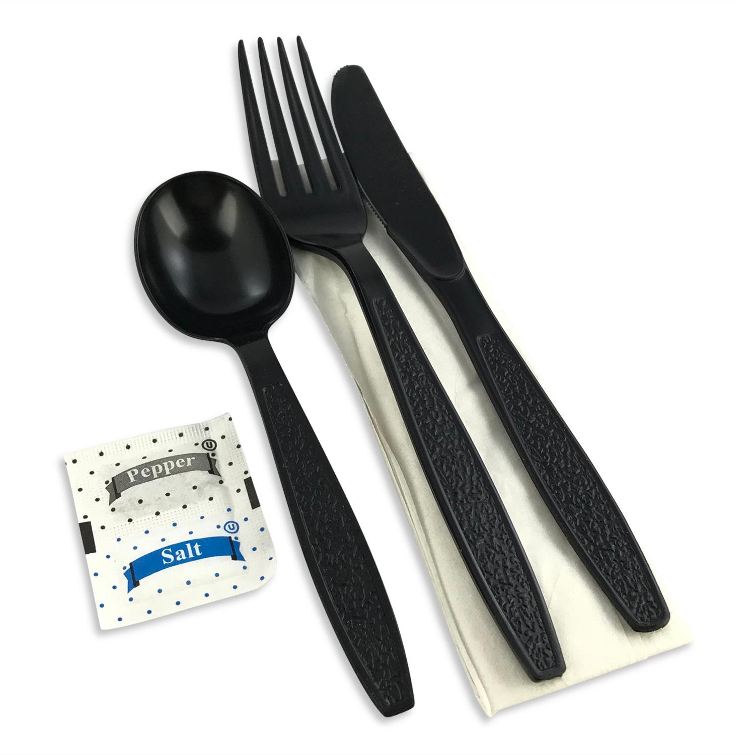 Victoria Bay 6PC Cutlery Kit PS Black Extra Heavy With Napkin,Fork,Knife,Spoon,Salt & Pepper 250/Case
