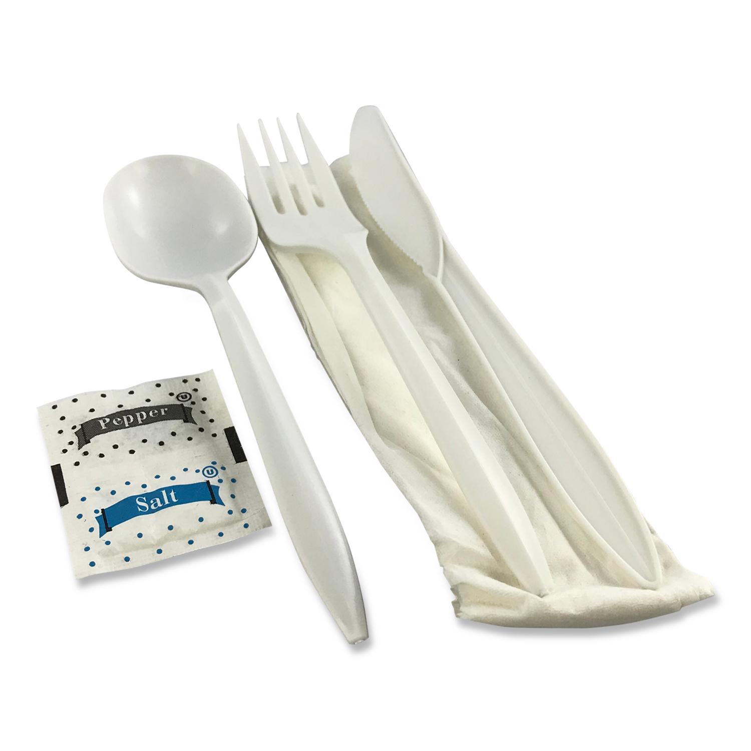Victoria Bay 6PC Cutlery Kit PP White With White Napkin,Fork,Knife,Spoon,Salt & Pepper 250/Case