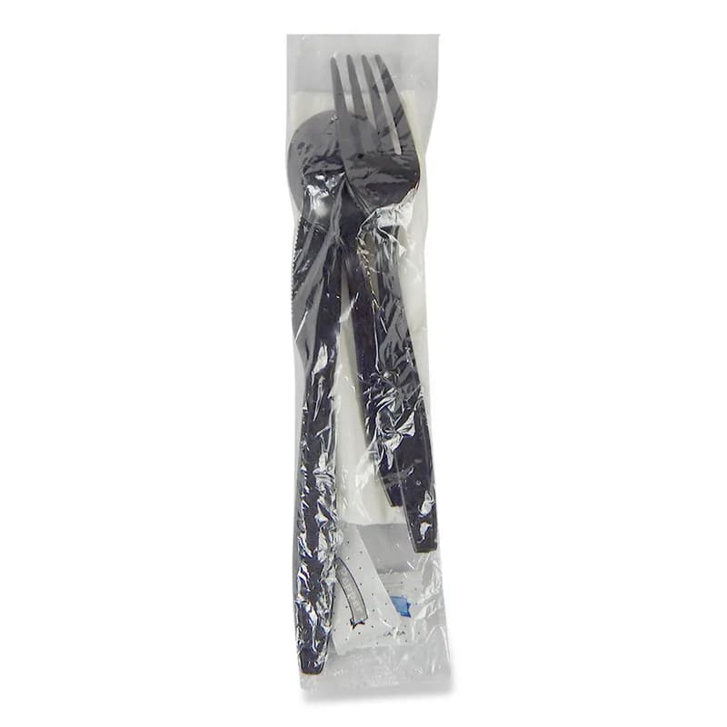 Victoria Bay 4PC Cutlery Kit PP Black Medium Weight With White 2PLY 12X16 Napkin,Fork,Knife,Spoon 250/Case