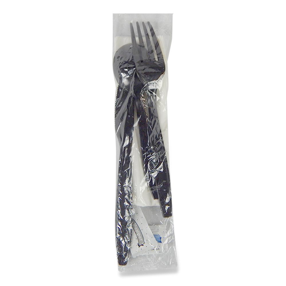 Victoria Bay 4PC Cutlery Kit PP Black Medium Weight With White 2PLY 12X16 Napkin,Fork,Knife,Spoon 250/Case