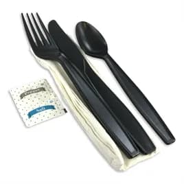 Victoria Bay 6PC Cutlery Kit PS Black Heavy With White Napkin,Fork,Knife,Spoon,Salt & Pepper 250/Case