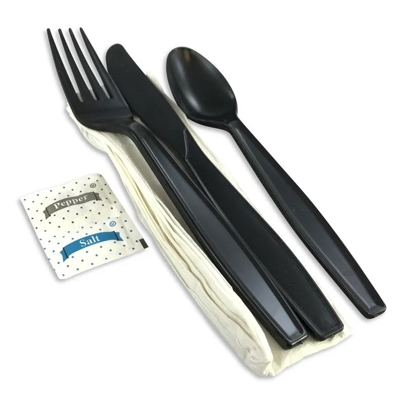 Victoria Bay 6PC Cutlery Kit PS Black Heavy With White Napkin,Fork,Knife,Spoon,Salt & Pepper 250/Case