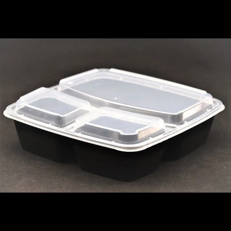 Take-Out Container Base & Lid Combo 45 OZ 3 Compartment PP Rectangle 100/Case