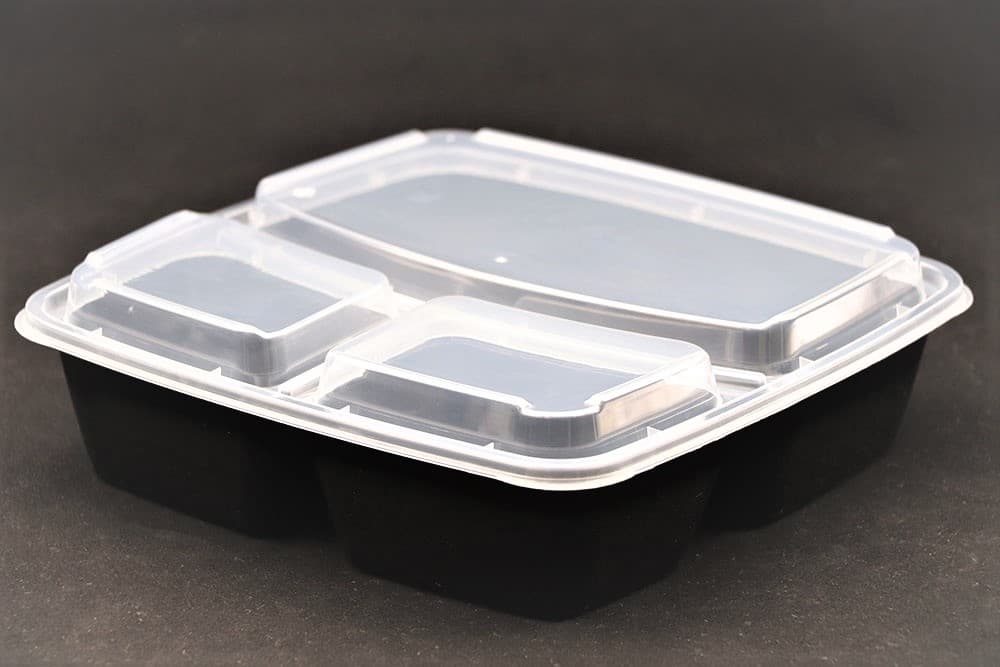 Take-Out Container Base & Lid Combo 45 OZ 3 Compartment PP Rectangle 100/Case