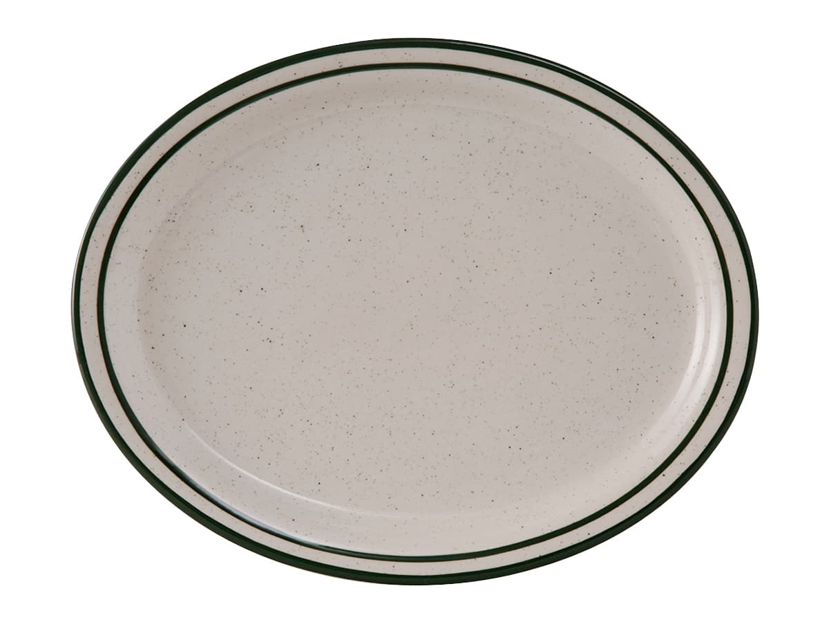 Emerald Collection Platter 13.25X10.5 IN China Eggshell Green Oval Narrow Rim Banded Speckled Fully Vitrified 12/Case