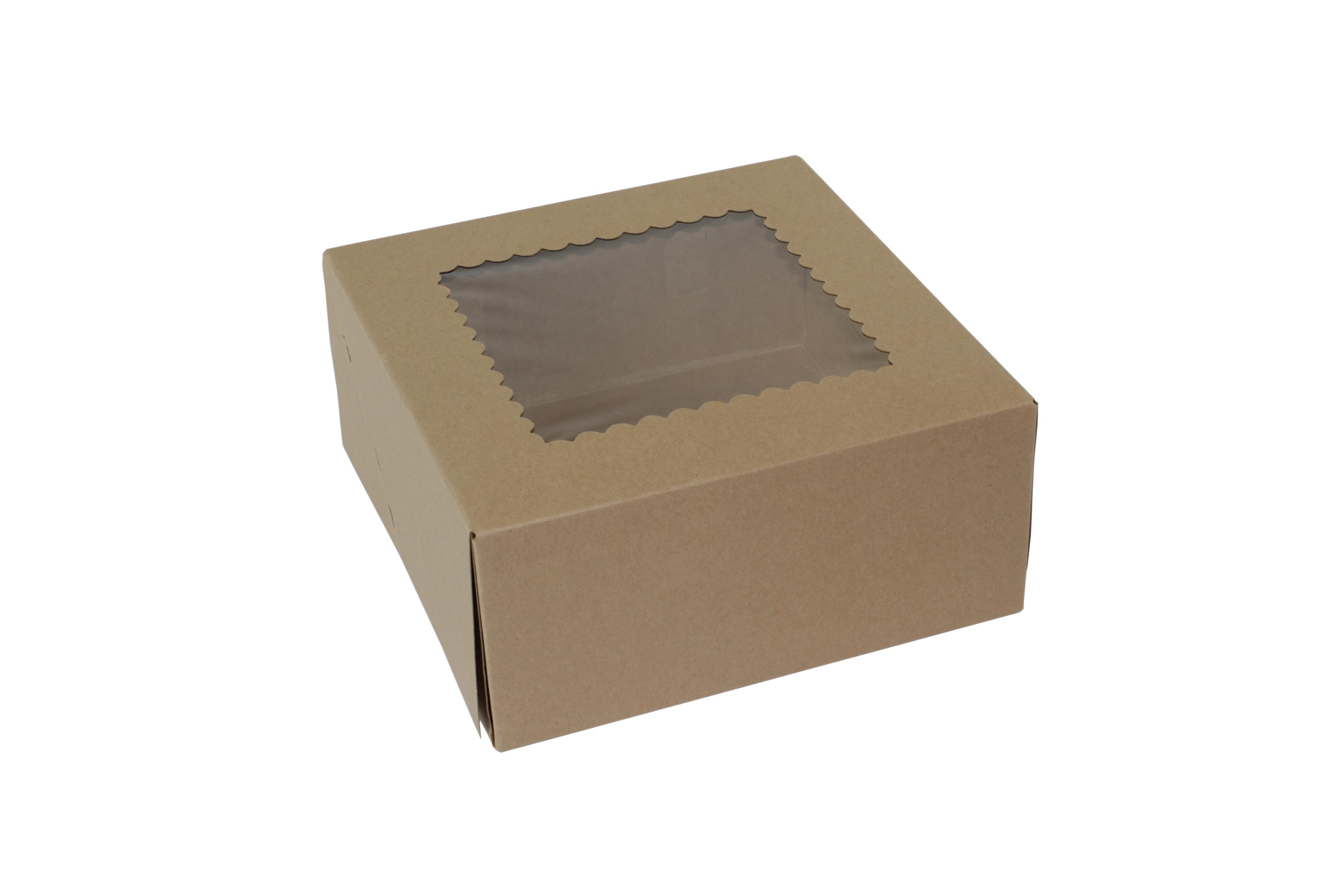 Bakery Box 9X9X4 IN Paperboard Kraft 4 Corner Front Load 1-Piece Automatic With Window 150/Case