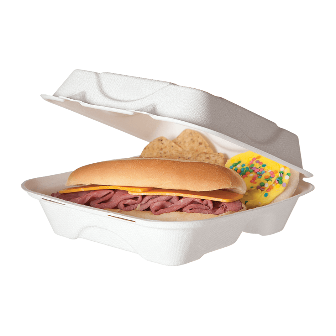 Take-Out Container Hinged 8X8X3 IN 3 Compartment Sugarcane White Square 200/Case