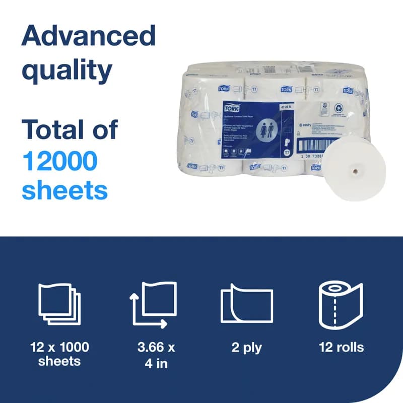 Tork Toilet Paper & Tissue Roll T7 4X3.66 IN 333.333 FT 2PLY White Embossed Coreless Refill 1000 Sheets/Roll