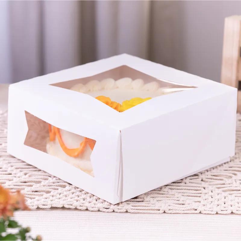 Cake Box 9X9X4 IN SBS Paperboard White Square 4 Corner Beers With Window 150/Case