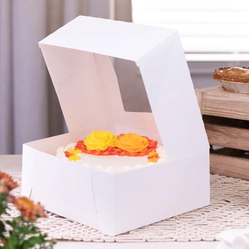 Cake Box 9X9X4 IN SBS Paperboard White Square 4 Corner Beers With Window 150/Case