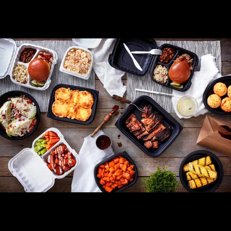 Take-Out Container Hinged With Dome Lid 8.3X8.4X3.1 IN 3 Compartment MFPP White Square 200/Case