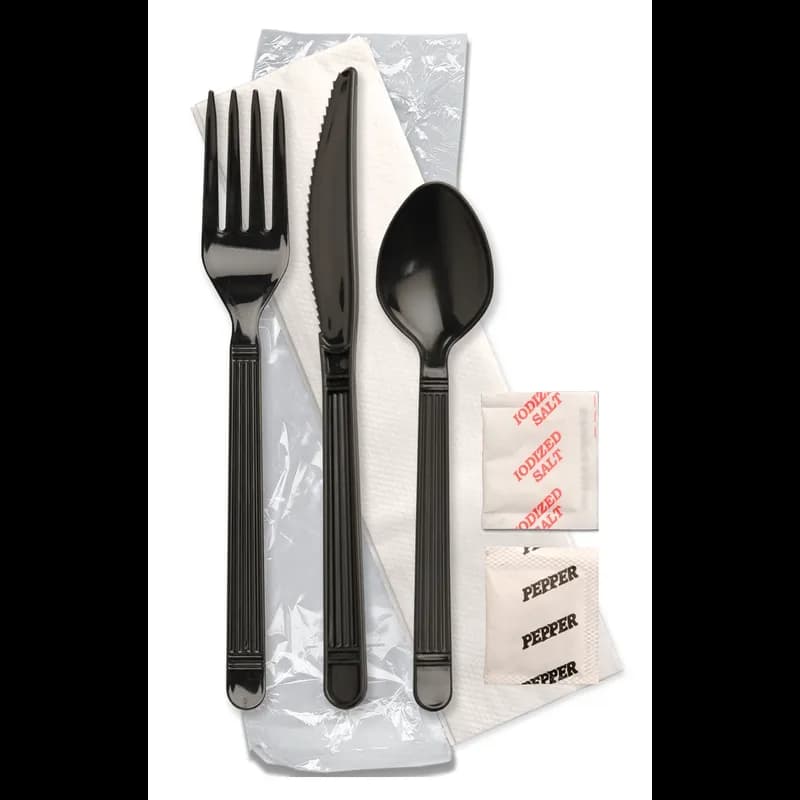 Forum® 6PC Cutlery Kit Full Size PP Ebony Heavy Wrapped With 1PLY Napkin,Fork,Knife,Teaspoon,Salt & Pepper 250/Case