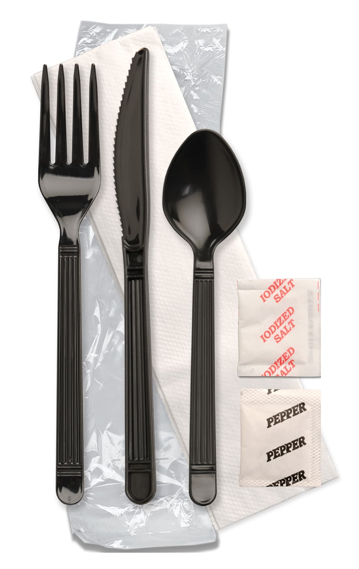 Forum® 6PC Cutlery Kit Full Size PP Ebony Heavy Wrapped With 1PLY Napkin,Fork,Knife,Teaspoon,Salt & Pepper 250/Case