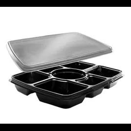 Take-Out Container Base & Lid Combo With Flat Lid 6 Compartment PET Black Rectangle With Sauce Compartment 60/Case