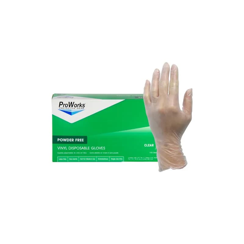 ProWorks® Gloves Medium (MED) Clear 3MIL Vinyl Powder-Free 100 Count/Box 10 Box/Case
