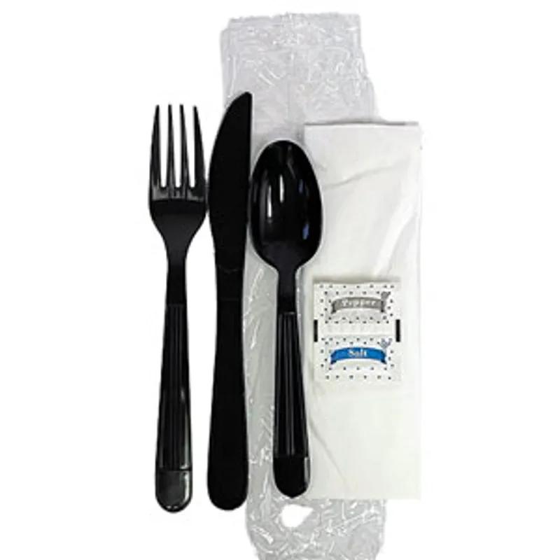 Victoria Bay 6PC Cutlery Kit PP Black Heavyweight With Napkin,Fork,Spoon,Knife,Salt & Pepper 250/Case