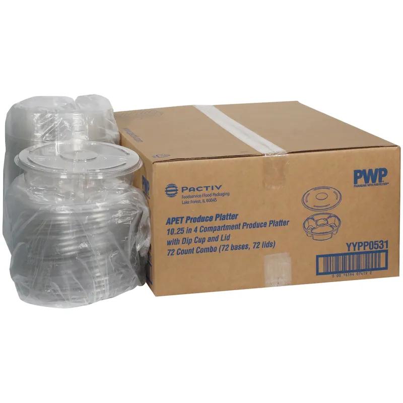 Deli Container Base & Lid Combo With Flat Lid 10.25X1.5 IN 4 Compartment PET Clear Round With Sauce Compartment 72/Case