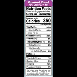 Ground Beef 73% Lean/27% Fat Meat Nutritional Label 1.5X4.125 IN Purple Black UV 1000 Count/Roll 12 Rolls/Case