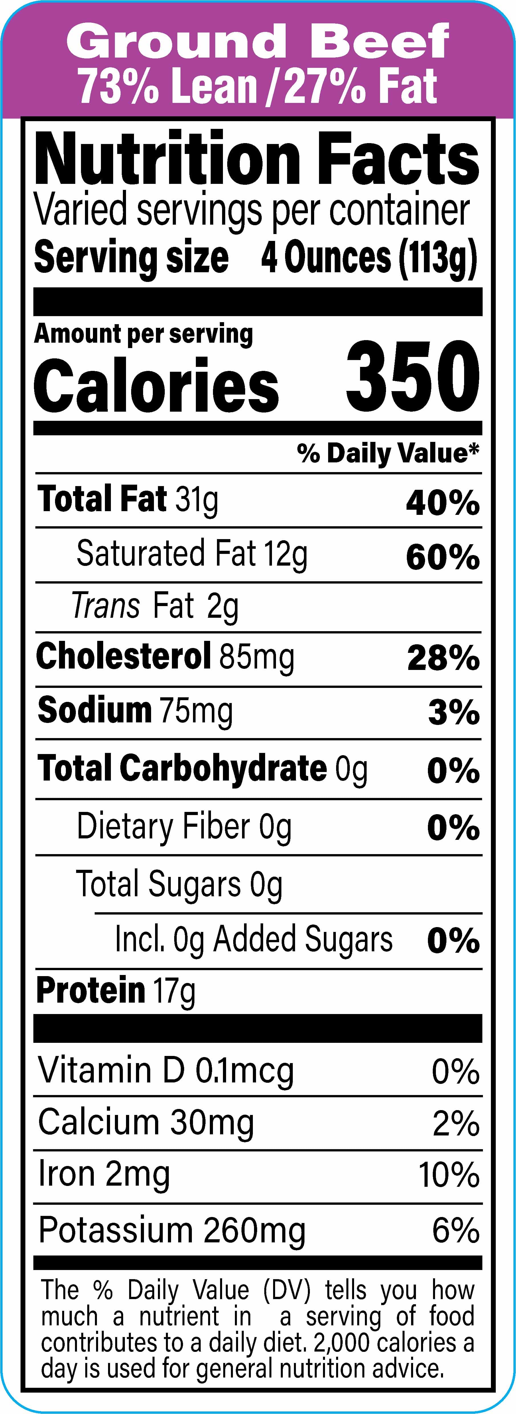 Ground Beef 73% Lean/27% Fat Meat Nutritional Label 1.5X4.125 IN Purple Black UV 1000 Count/Roll 12 Rolls/Case
