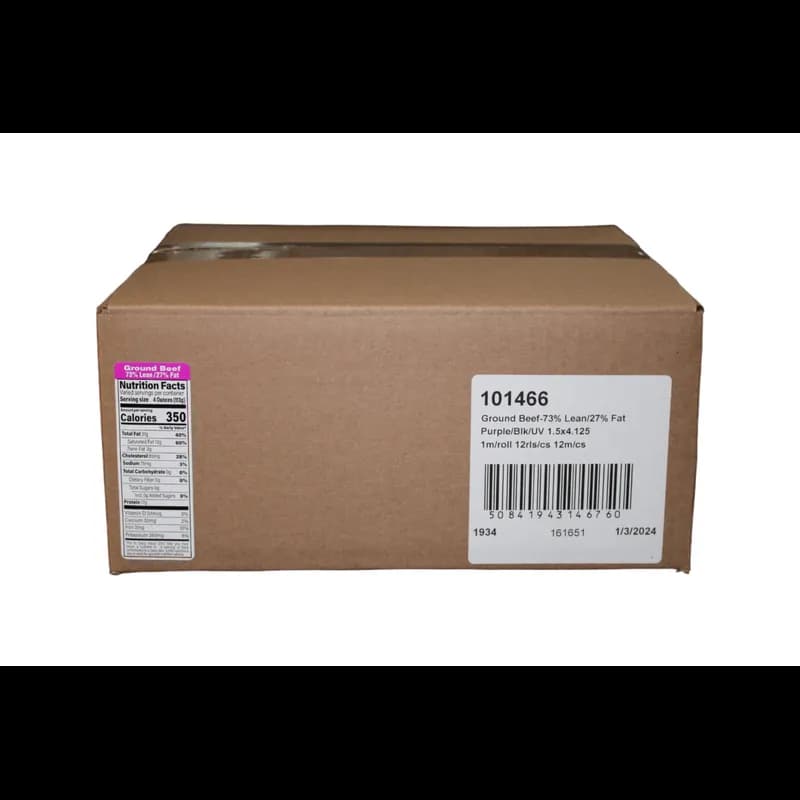 Ground Beef 73% Lean/27% Fat Meat Nutritional Label 1.5X4.125 IN Purple Black UV 1000 Count/Roll 12 Rolls/Case