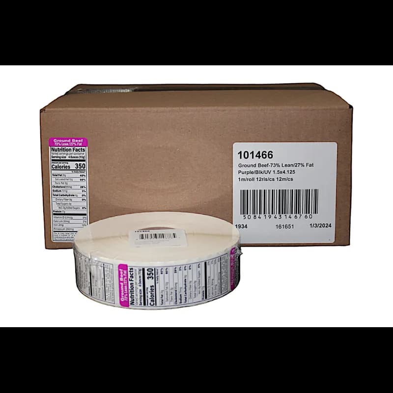 Ground Beef 73% Lean/27% Fat Meat Nutritional Label 1.5X4.125 IN Purple Black UV 1000 Count/Roll 12 Rolls/Case