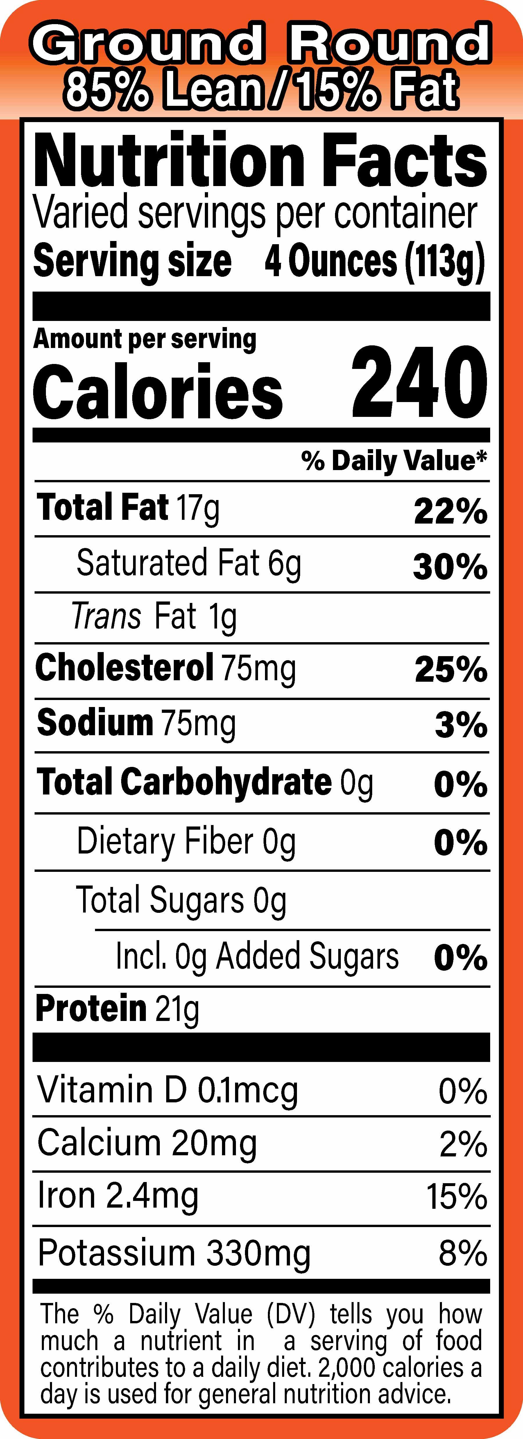 Ground Beef 85% Lean/15% Fat Nutritional Label 1.5X4.125 IN Orange Black UV Full Border 1000 Count/Roll 12 Rolls/Case