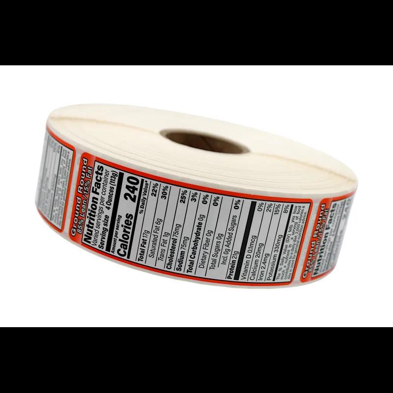 Ground Beef 85% Lean/15% Fat Nutritional Label 1.5X4.125 IN Orange Black UV Full Border 1000 Count/Roll 12 Rolls/Case