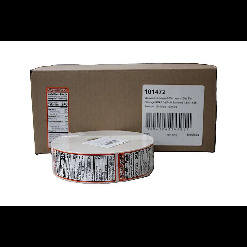 Ground Beef 85% Lean/15% Fat Nutritional Label 1.5X4.125 IN Orange Black UV Full Border 1000 Count/Roll 12 Rolls/Case