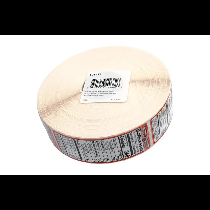 Ground Beef 85% Lean/15% Fat Nutritional Label 1.5X4.125 IN Orange Black UV Full Border 1000 Count/Roll 12 Rolls/Case