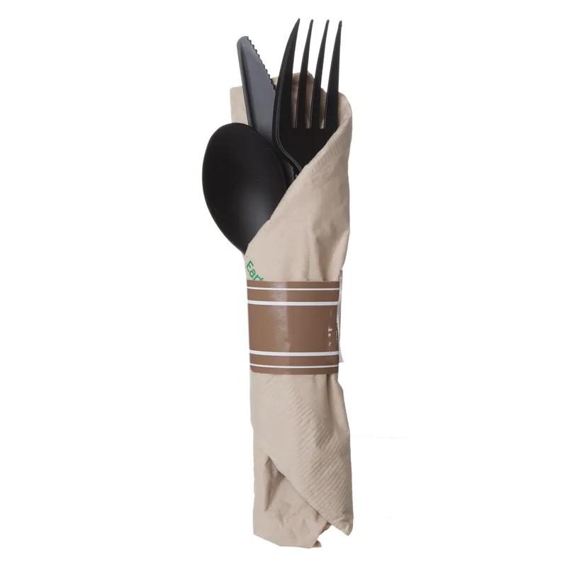 Vine 4PC Cutlery Kit PLA Black Pre-Rolled With Napkin,Fork,Knife,Teaspoon 100/Case