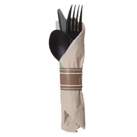 Vine 4PC Cutlery Kit PLA Black Pre-Rolled With Napkin,Fork,Knife,Teaspoon 100/Case
