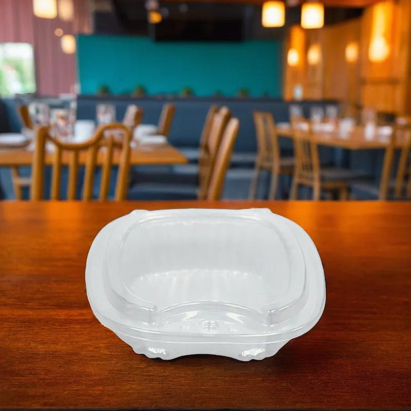 WNA Atrium Take-Out Container Hinged With Flat Lid 8 OZ OPS Clear Square 500/Case