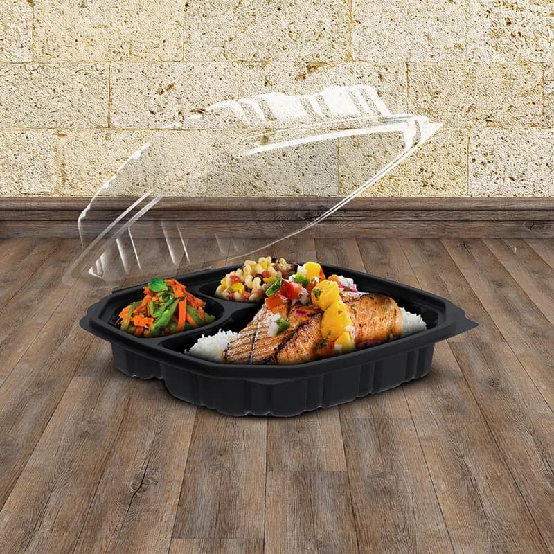 Take-Out Container Hinged 10.5X9.5 IN 3 Compartment Clear Microwave Safe Anti-Fog 120/Case