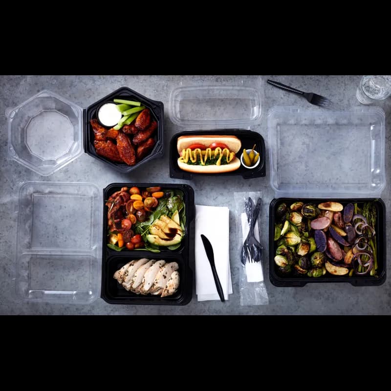 Take-Out Container Hinged With Dome Lid 10.75X8X3.25 IN 2 Compartment OPS Black Clear Rectangle 125/Case