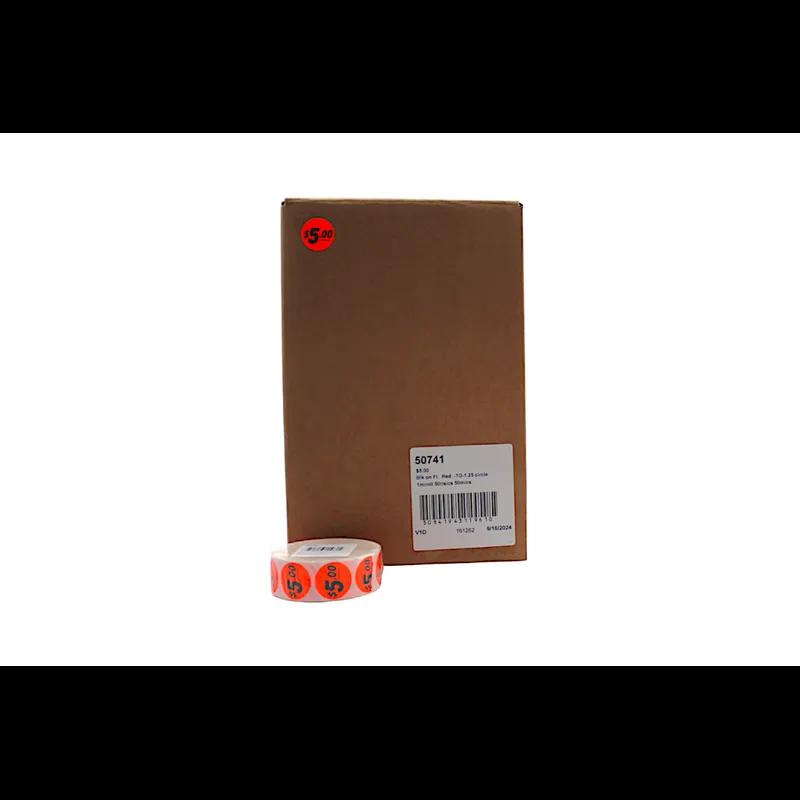 5 Price Label 1.25 IN Black Fluorescent Red Circle 1000 Count/Roll 50 Rolls/Case 50000 Count/Case