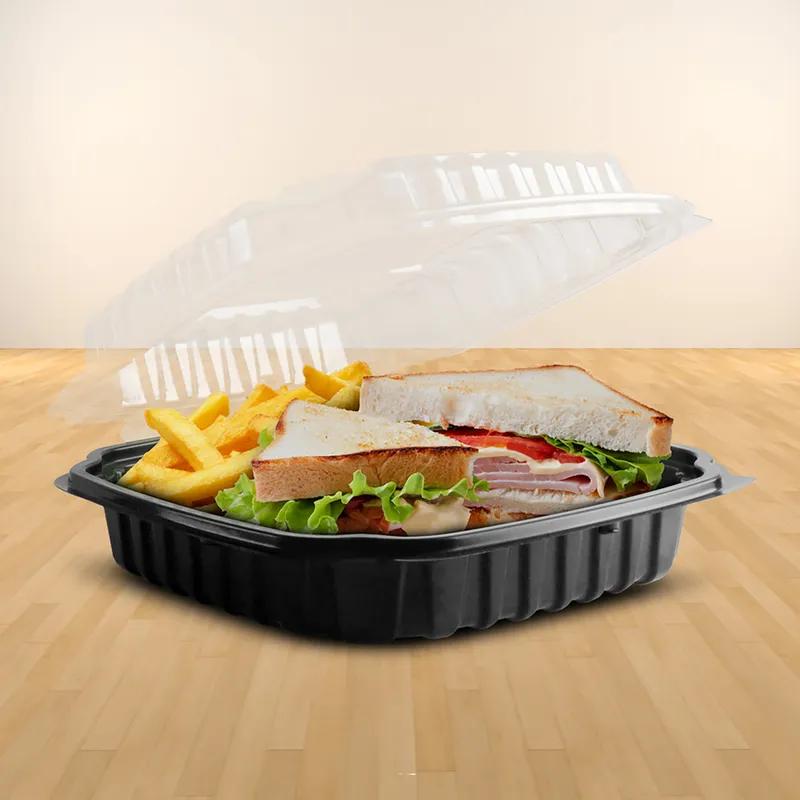 Culinary Basics® Take-Out Container Hinged 9X9X2.74 IN PP Black Clear Square Microwave Safe Anti-Fog 120/Case