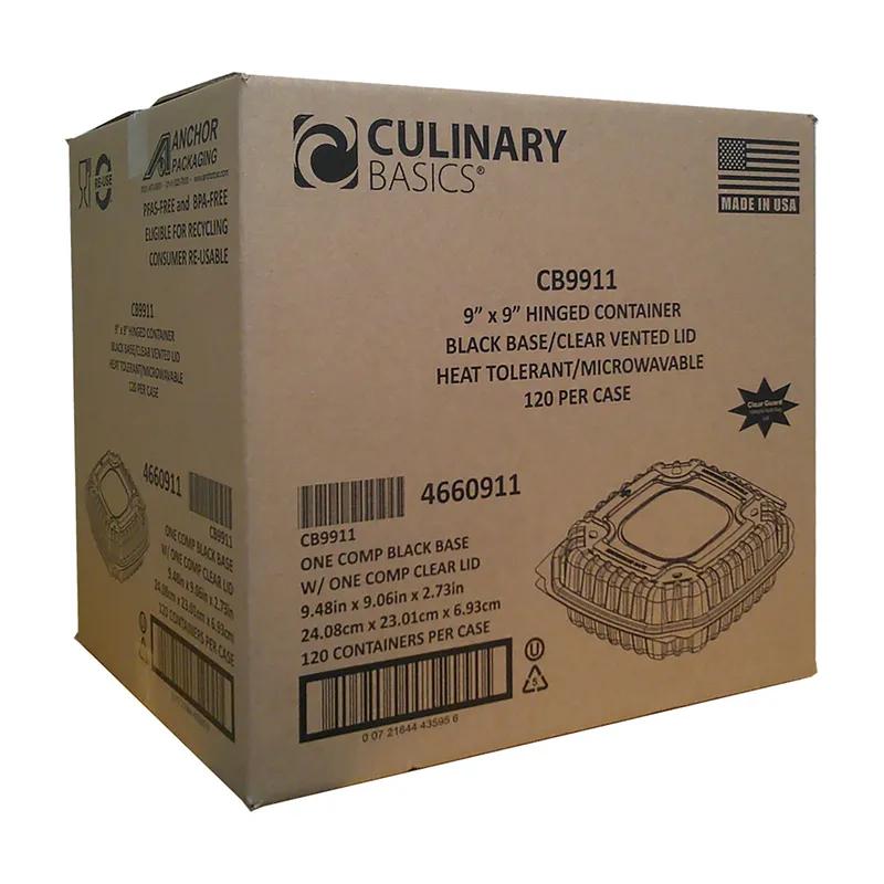 Culinary Basics® Take-Out Container Hinged 9X9X2.74 IN PP Black Clear Square Microwave Safe Anti-Fog 120/Case