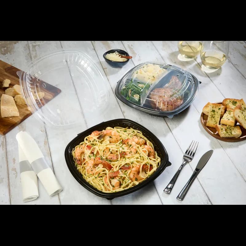 Take-Out Container Hinged 10X10 IN Black Clear 2 Color Square 180/Case