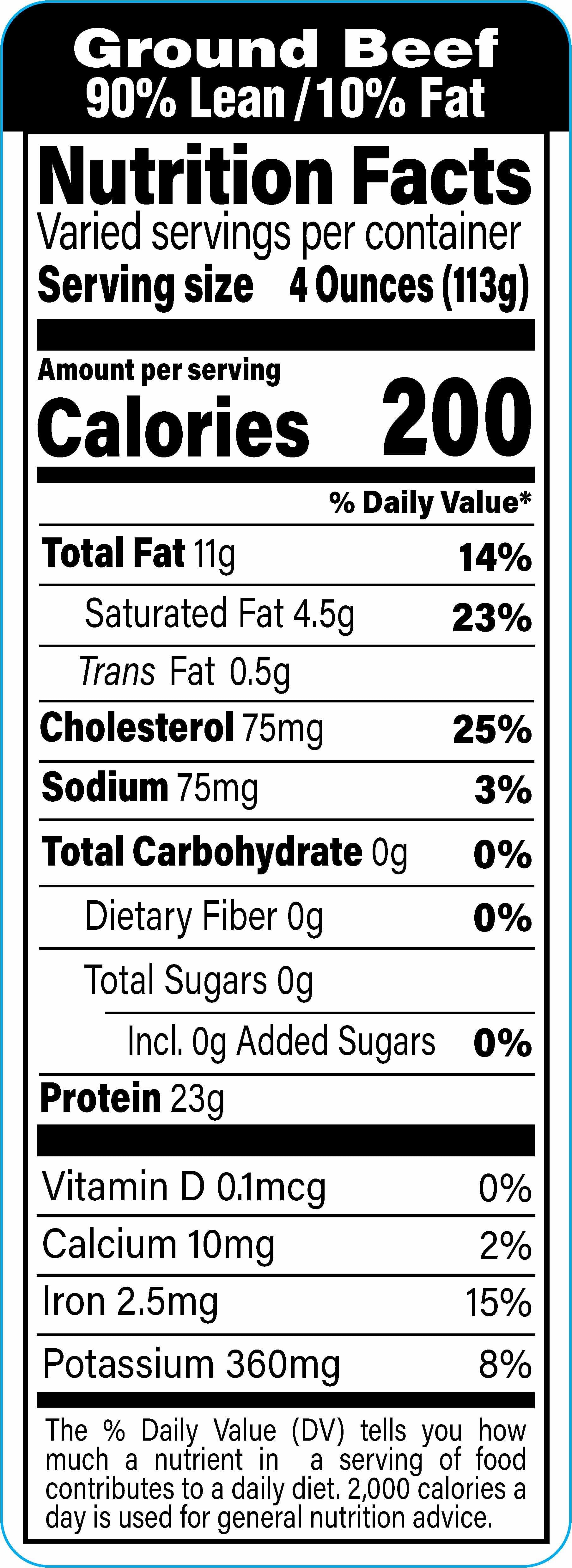 Ground Beef 90% Lean/10% Fat Meat Nutritional Label 1.5X4.125 IN Black UV 1000 Count/Roll 12 Rolls/Case 12000 Count/Case